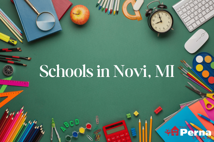 Image of school supplies overliad with words that say Schools in Novi, MI