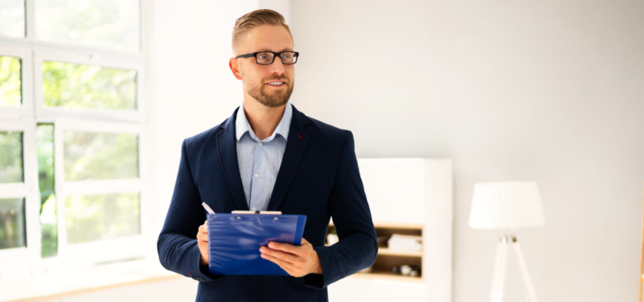 A well-dressed man in a suit holding a clipboard walking through a house.